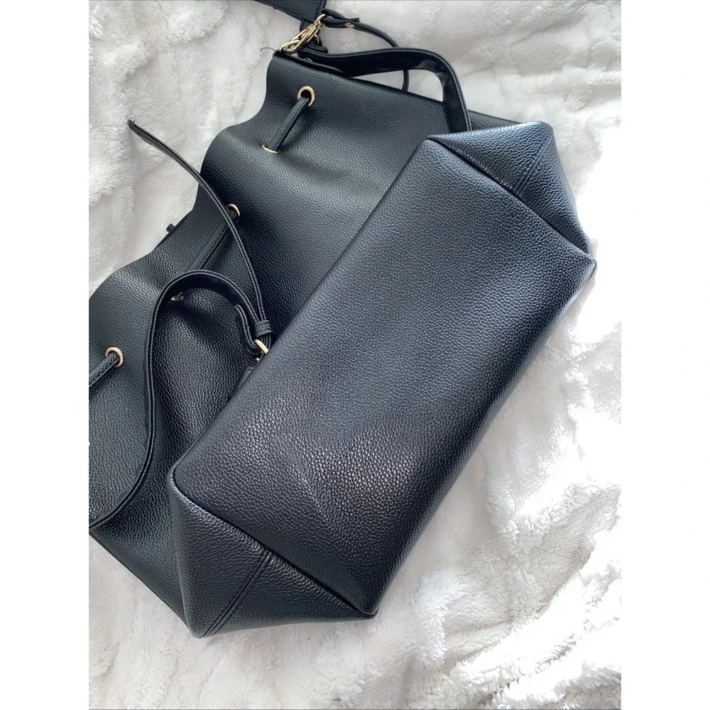 NWT‎ Bella Russo Black Cinched Fake Pebbled Leather Tote Bad Purse Set